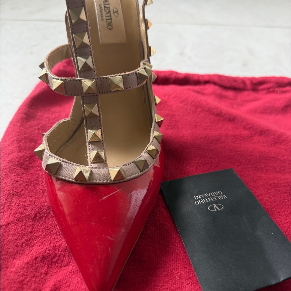 Valentino Garavani Red Patent Rockstud T-Strap Pumps with Nude Trim with bag - Picture 11 of 14